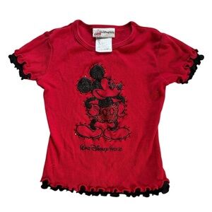 Vintage Y2K Rhinestone Mickey Mouse Walt Disney World Ruffle T Shirt Size XS 4 5